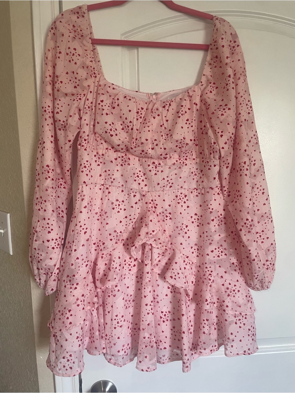 Francesca’s by Blue Rain Pink Heart-Print Long Sleeve Tiered Dress